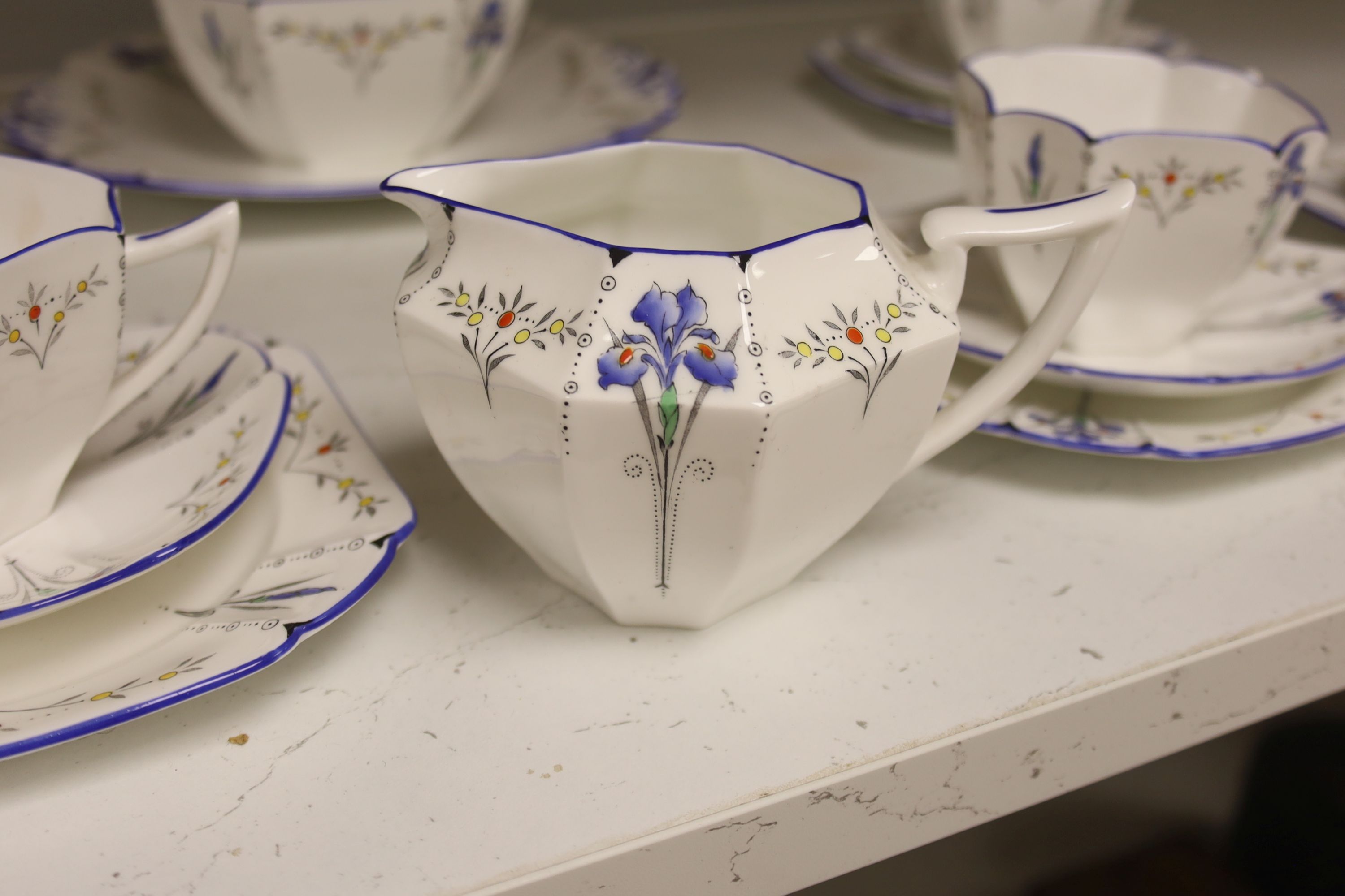 A Shelley Blue Iris pattern Queen Anne shape six piece teaset (21)